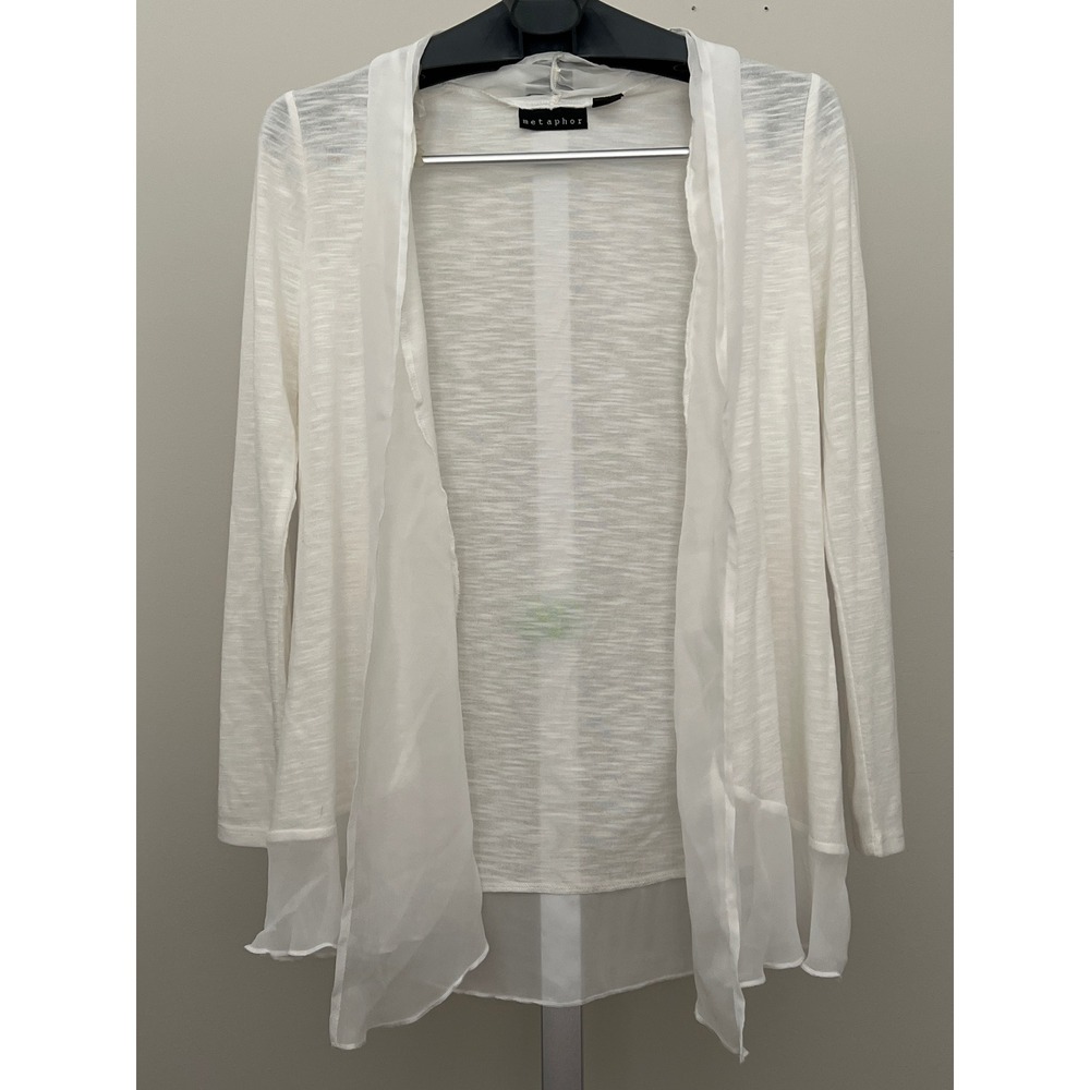 Semi sheer open cardigan with lightweight chiffon trim. Small, new condition